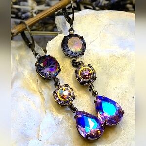 Victorian Purple Sparkles W/ Metallic AB, Mosaic, Flower Crystals Brass Earrings